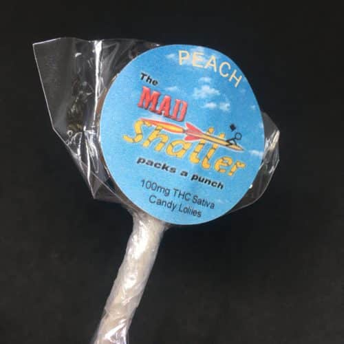 peach 2 mad shatter lollies scaled - The Mad Shatter Peach Lollies 100mg THC Sativa
