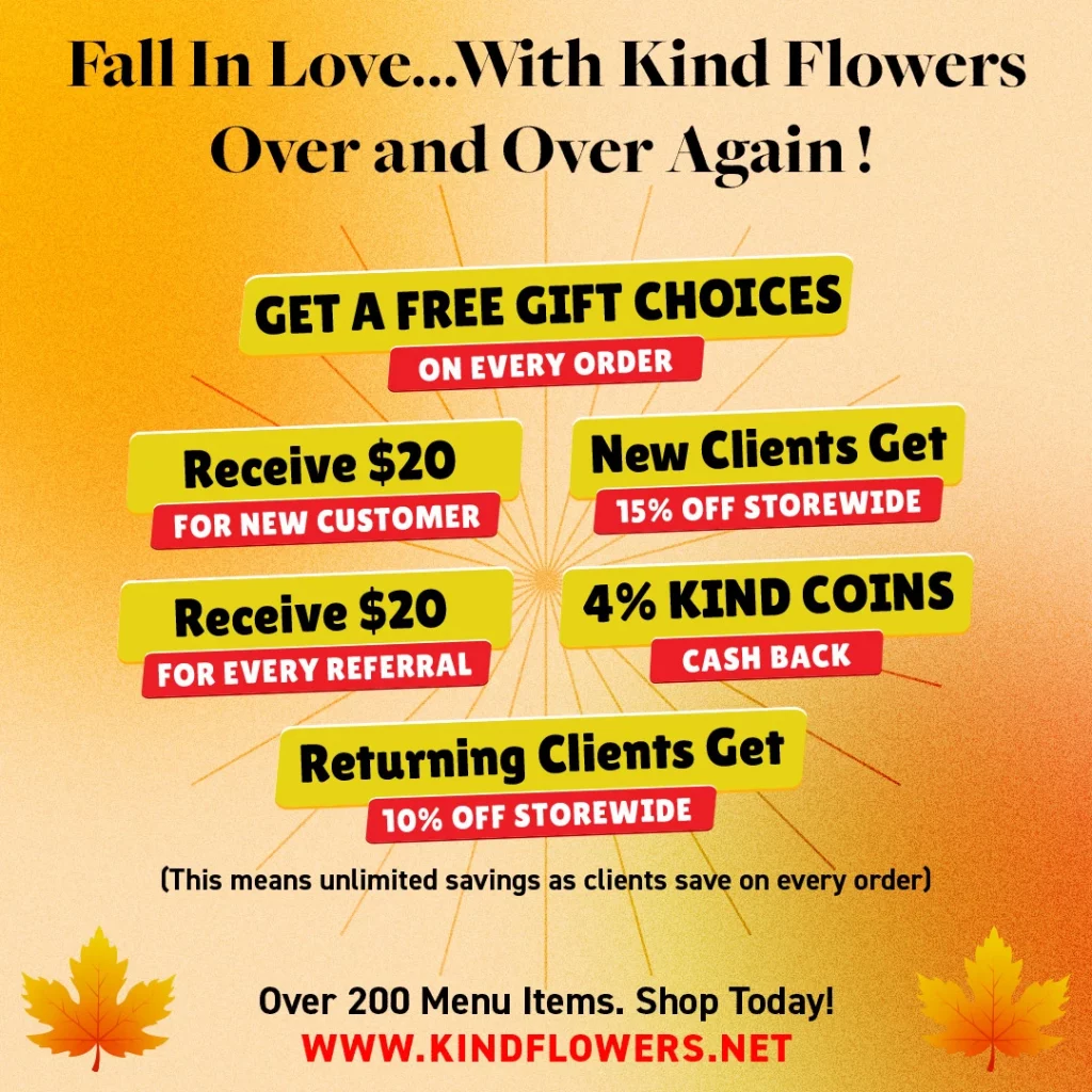revised fall promo banner - Fall Promo 2021 Weed Delivery Toronto - Cannabis Delivery Toronto - Marijuana Delivery Toronto - Weed Edibles Delivery Toronto - Kush Delivery Toronto - Same Day Weed Delivery in Toronto - 24/7 Weed Delivery Toronto - Hash Delivery Toronto - We are Kind Flowers - Premium Cannabis Delivery in Toronto with over 200 menu items. We’re an experienced weed delivery in Toronto and we deliver all orders in a smell-proof, discreet package straight to your door. Proudly Canadian and happy to always serve you. We offer same day weed delivery toronto, cannabis delivery toronto, kush delivery toronto, edibles weed delivery toronto, hash delivery toronto, 24/7 weed delivery toronto, weed online delivery toronto