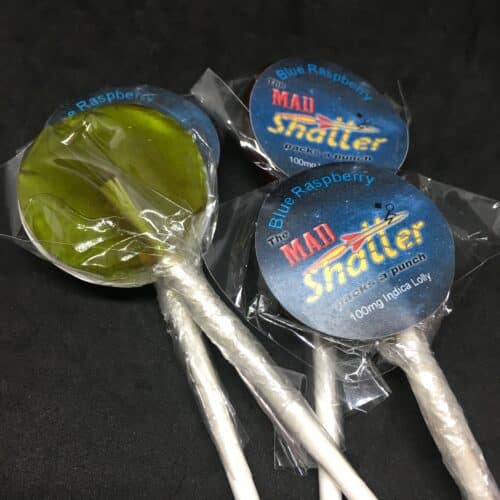 blue rasp lollies scaled - The Mad Shatter Blue Raspberry Lollies 100mg THC Indica