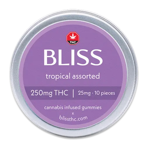 bliss tin 250 tropical assorted - Bliss Tropical Assorted Gummies - 250mg THC