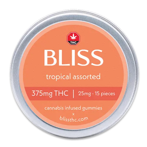 bliss tin 375 tropical assorted - Bliss Tropical Assorted Gummies - 375mg