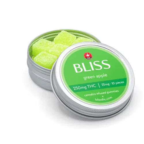 bliss product green apple 250 angle - Bliss Green Apple Gummies – 250mg THC