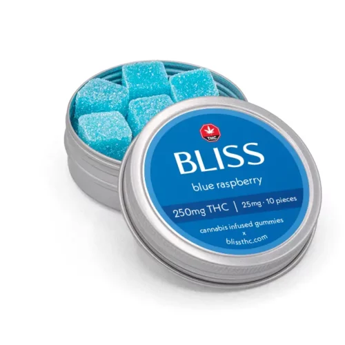 bliss product raspberry 250 angle - Bliss Blue Raspberry Gummies – 250mg THC