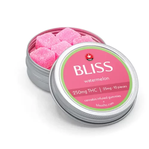 bliss product watermelon 250 angle - Bliss Watermelon Gummies – 250mg THC